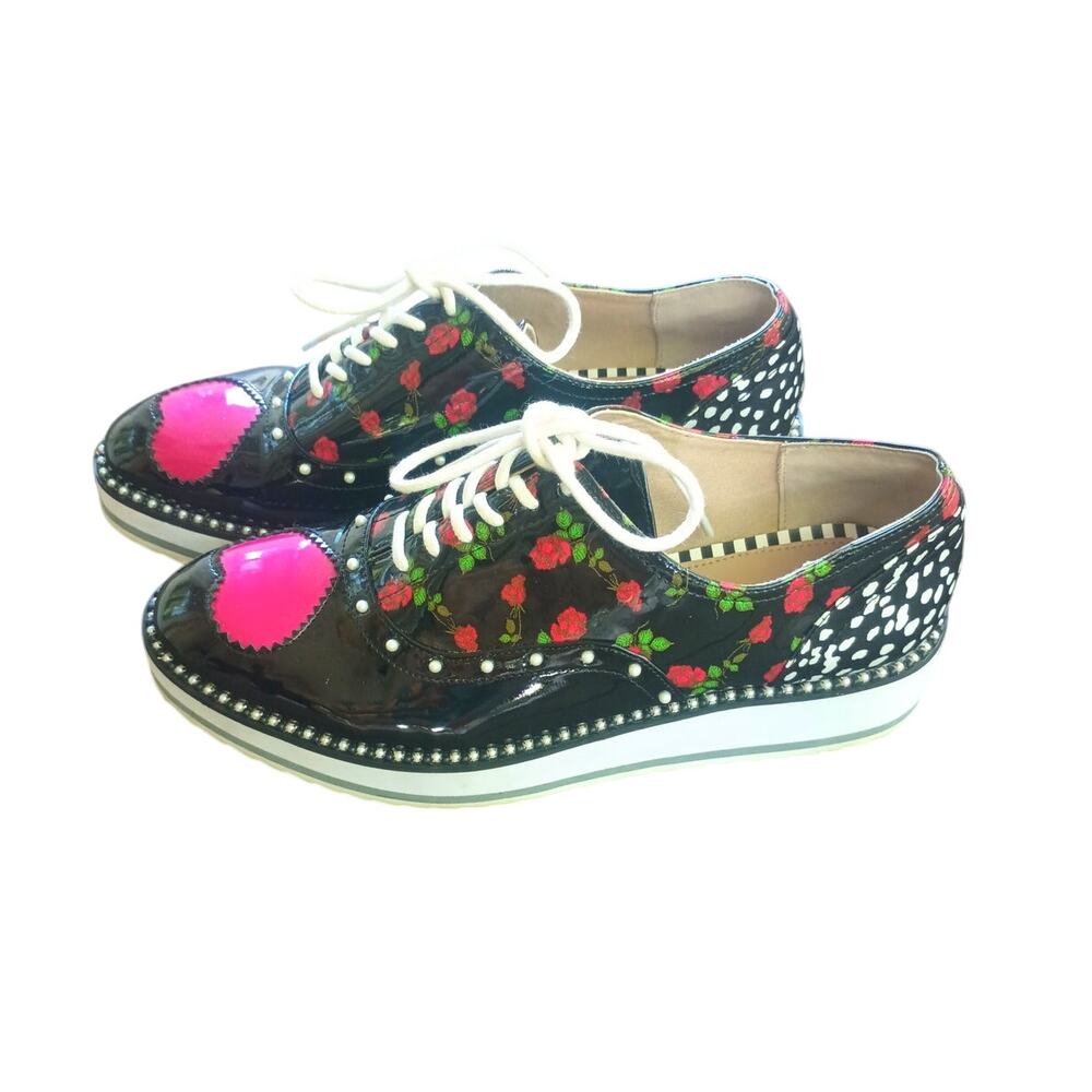 Black Floral Platform Oxford Shoes with Pink Accent